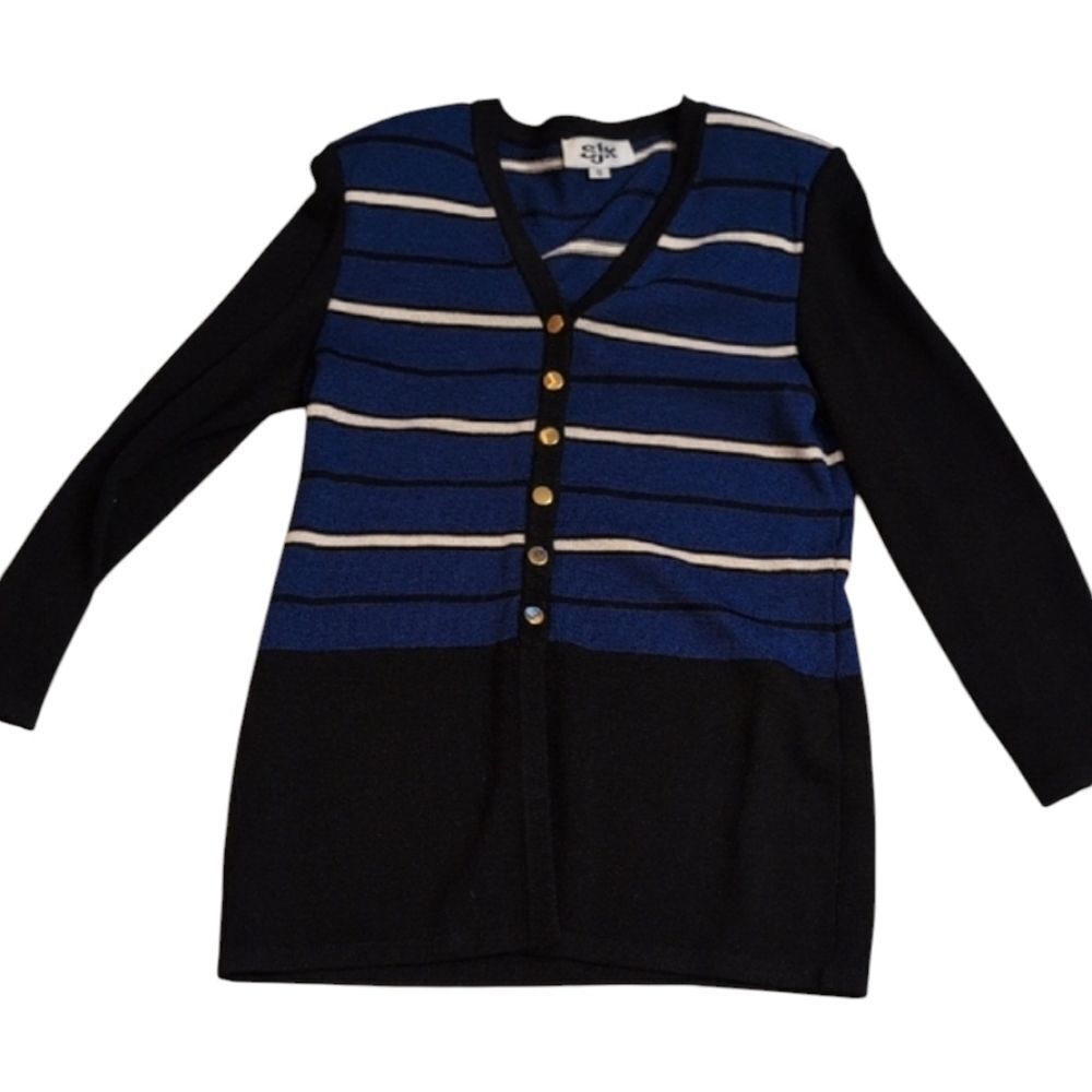 St. John Buttondown Cardigan Sweater Royal Blue Black White Gold Tone Buttons 10